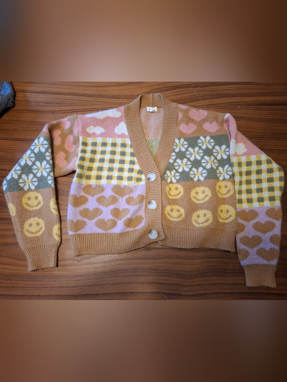 debut Pink & Tan Patchwork Cardigan with Smiley and Heart Motifs